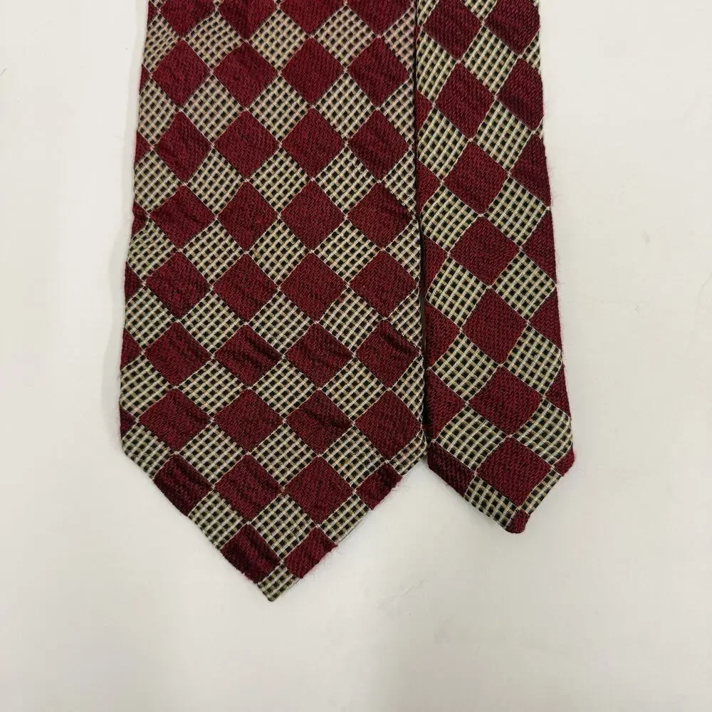 Ermenegildo Zegna Mens Silk Tie Burg Red Tan Check Geometric Luxury Career